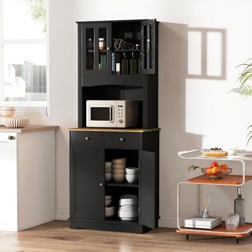 GIANTEX Mobile Dispensa da Cucina, Armadio di Stoccaggio Autonomo con Credenza e 2 Cassetti, Ripiani Regolabili, Ampio Spazio per Forno a Microonde, 2 Colori, 68,5 cm x 40,5 cm x 170 cm (Nero)