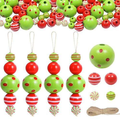 SOETDERT Holzperlen Weihnachten, 60 Stück Weihnachtsperlen mit 10 m Hanfseil, Natürliche Bastelperlen Holz Perlen zum Auffädeln, DIY Holzperlen Basteln Weihnachten, Holz Weihnachtsbaumanhänger