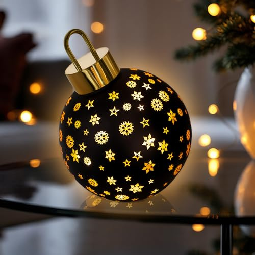 LED Weihnachtskugel zum Stellen matt schwarz mit Timer Batterie betrieben - 15 cm - Glas Kugel warm weiß beleuchtet 1 Stück Zufallsmotiv - Leuchtkugel Weihnachten Advent Tisch Deko Aufsteller