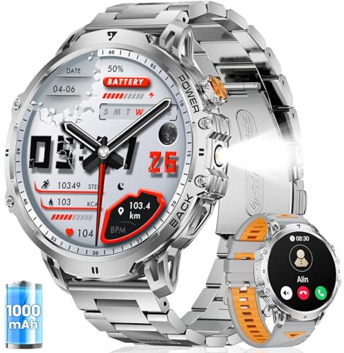 FITFLEX Smartwatch Uomo con Batteria 1000 mAh, Schermo HD da 1,85, Chiamate Bluetooth, Orologio Smart, 120+ Modalità Sportive, Torcia, Analisi della Frequenza Cardiaca e del Sonno, Android/iOS