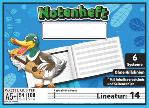 Notenheft Ohne Hilfslinien Lineatur 14 Größe A5+ Querformat für Kinder: 6 Notensysteme pro Seite (9 mm Rastralhöhe) | 21 x 15,24 cm - 54 Blatt (108 ... für Komponisten, Schüler & Musikunterricht