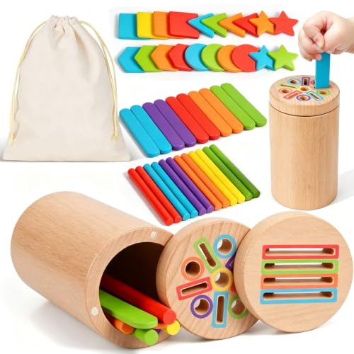 NEUFOOD Montessori leksak från 1 2 3 år, motorikleksak från 1 år, 3-i-1 trä sorteringsspel bebisleksak