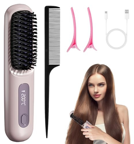 Mini-Haarkamm, Glättbürste Kabellos, 2026 Neu Haarglätter Bürste, Tragbare Bürste Glätten, Kabellose Glättbürste, HaargläTter Bü-Rste Kabellos 160°C-200°C Mit Led Anzeige Und 3 Temperatureinstellung