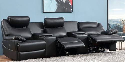 MAPO 3581 3-Sitzer Kinosofa elektrisch verstellbar | Heimkino Relaxsofa aus Leder mit Cupholder | Rückenlehne, Fuß- & Kopfstütze | Schwarz