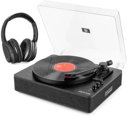 Fenton RP162B Bluetooth Record Player with Built-In Speakers, Bluetooth Output, USB Recording, 3 Speeds, Wireless Headphones with Active Noise Cancellation Bundle