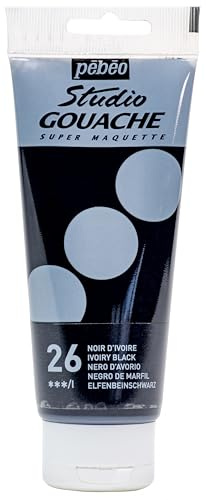 Studio Gouache Pebeo Fluid Paint - 100 ml, Ivory Black, Velvet Matte Formula, for Acrylic Painting and Illustration, Arts and Crafts Supplies (290026)