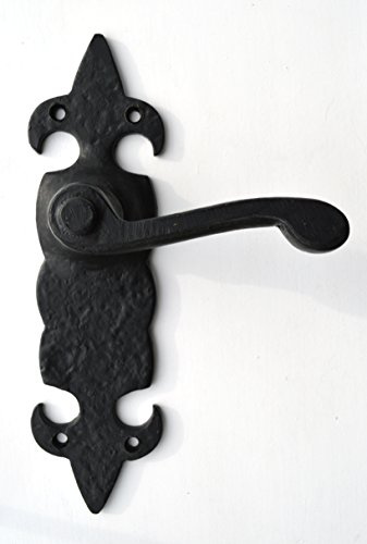 Schwarze, antike Türgriffe, Hebel, Riegel, verziert, Fleur-De-Lys-Design