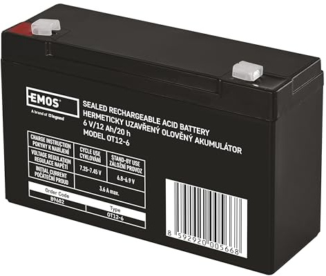 EMOS Underhållsfri blybatteri/blyackumulator för larmsystem, brandlarmteknik, barnfordon, USV-apparater, 6 V, 12 Ah