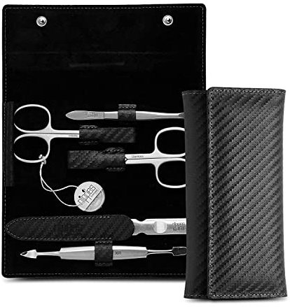 nippes Solingen Premium Line Maniküre Set Karbon, 5-teilig, Edelstahl rost- und nickelfrei, Rindsleder-Etui mit Reißverschluss, Schwarz, Nagelpflege Set, Pediküre Maniküre, Made in Germany