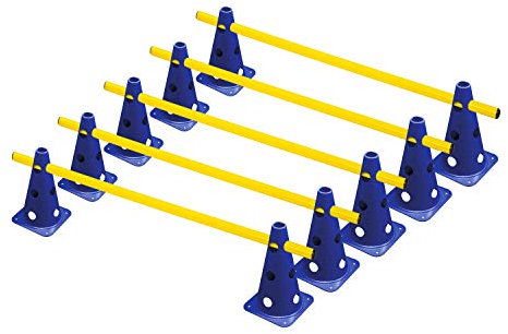 RHINOS sports Lot de 5 obstacles | 10 cônes bleus : 22,5 cm | 5 barres jaunes : 1 m