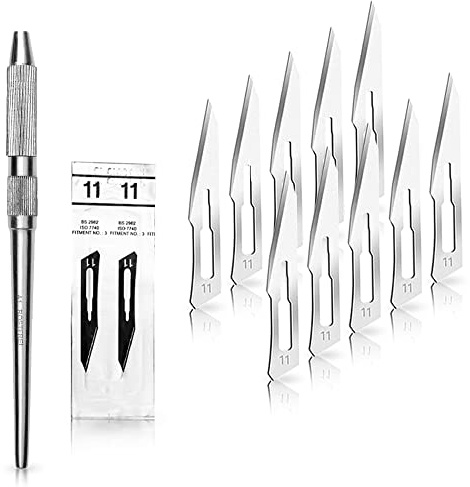 May Skalpell Set Fig. 11 mit 10 Klingen & Halter Edelstahl | 10 sterile Skalpellklingen (Figur 11) inkl. Edelstahl-Halter. Ideal für Modellbau und Basteln