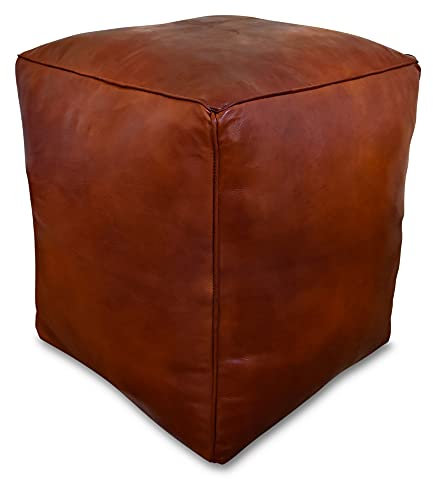 Poufs&Pillows Quadratischer Leder Pouf XL - Handgefertigt - gefüllt geliefert - Ottoman, Sitzsack, Fußhocker (Honigbraun)