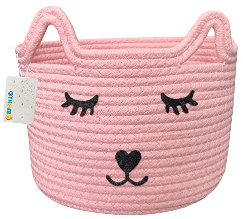 OYHOMO Baumwolle Seil Korb Kinderzimmer Aufbewahrungskorb Baby Aufbewahrungsbox Katzenmuster Dekorativer Korb für Regale, Schränke, Wohnzimmer, Bad - Rosa