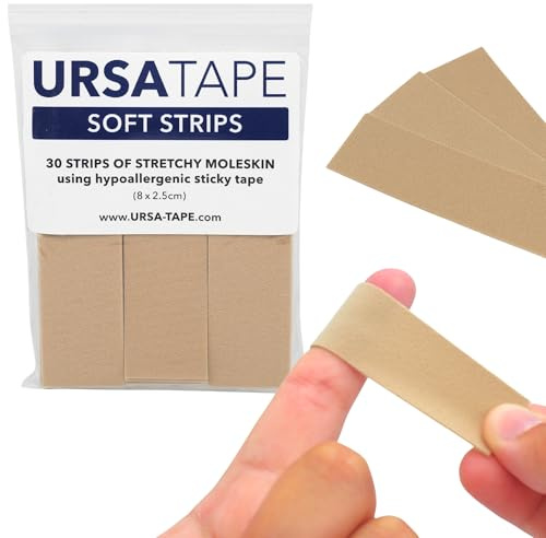 URSA Tape Soft Strips - Pack of 30 (Beige) | Stretchy Moleskin Fabric Tape | Heavy-Duty Blister Prevention Strips | No-Residue Bandages for Feet & Body | Adhesive Padding | 3.14 x 0.98 in