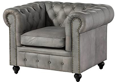 MASSIVMOEBEL24.DE | Chesterfield Sessel aus Echtleder #202 aus echtem Büffel-Leder - Grau 105x82x75 cm mit Nieten Lounge-Sessel Sofasessel Relaxsessel