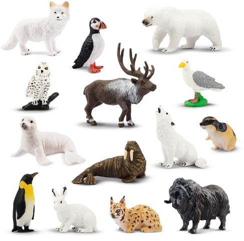 toymany Set di 14 statuette di animali polari, in plastica, mini animali artici, regalo di Natale e compleanno, decorazione per torte, giocattolo educativo per bambini