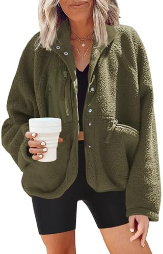 Nirovien Womens Fleece Jacket Fuzzy Jackets for Women Teddy Jacket with Pockets Cropped Jacket Fleece Pullover(Army Green,S)