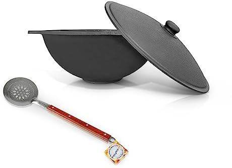 ZARENHOFF Mini-Kasan Gusseisen 3,5L Alu-Deckel, flacher Boden, Ø28cm Wok | Kazan (Dutch Oven) aus Namangan für Plov & Schmorgerichte – für Gas, Elektro, Induktion, Backofen, Feuer, Camping Kochtopf
