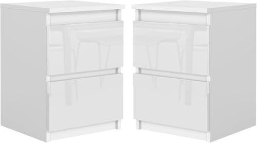 meble masztalerz Nachttisch 2er Set Weiß Hochglanz Fronten 40x55x39 cm | Beistelltisch 2 Schubladen, Moderner Nachtschrank , Bedside Table , Telefontisch , Eleganter Beistellschrank