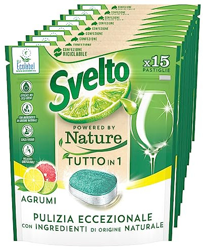 Svelto Powered By Nature Tutto in 1 Pastiglie Lavastoviglie Pulizia Eccezionale Profumo Agrumi Azione Sgrassante Idrosolubili con Ingredienti di Origine Naturale - 9 Confezioni da 15 Pastiglie