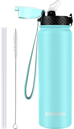 GOPPUS 1L/32oz Thermosflasche mit Strohhalm Doppelschicht Edelstahl Trinkflasche 1 Liter Isolierflasche Auslaufsicher Sport Wasserflasche Kohlensäure Water Bottle Trinkflaschen BPA-frei Wasser Flasche