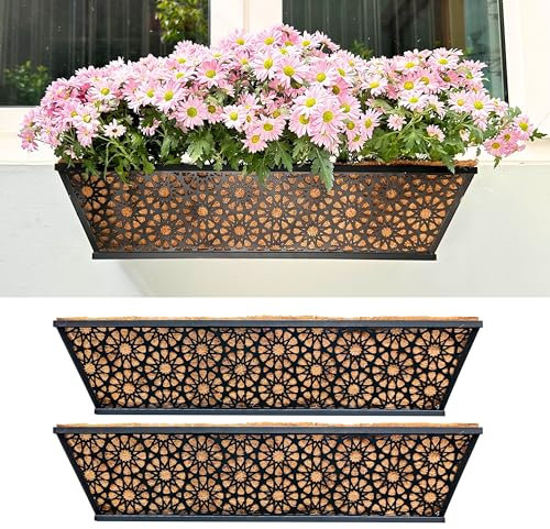 Maxona Wall Planter, 2 Pack, 24 Inch Railing Hanging Planter with Coco Liner for Outdoor, Metal Balcony Garden Plant Basket Deck Rail Fence Window House Horse Trough Porch