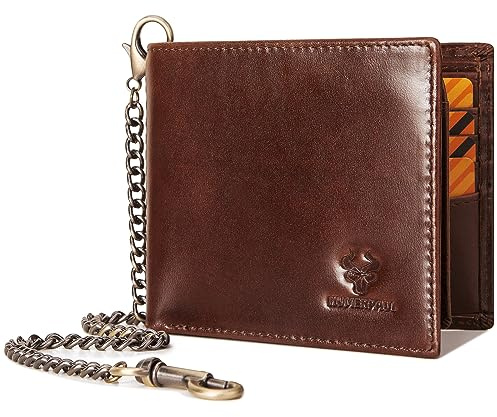 HUMERPAUL Mens Wallet with Chain Genuine Leather Purse RFID Blocking Bifold Wallet with ID Window Card Slots (Brown-Red)