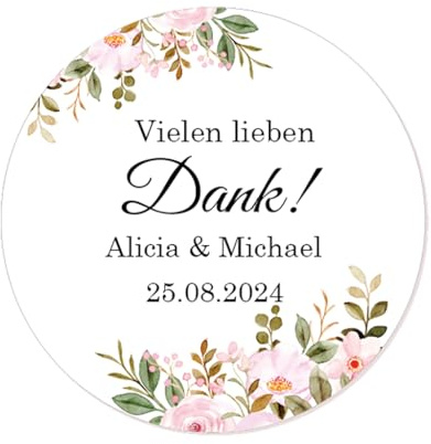 50 STICKER Vielen lieben Dank! PERSONALISIERT Jeder Text Aufkleber 40mm Etiketten zur Hochzeit Taufe Kommunion Geburtstag Gastgeschenke - Rd 651 (07 Rosenstrauch)