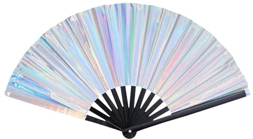 Silber Holographic Rave Handfächer Glitter Großer Klack Handheld Fan PVC Laser Festival Fächer Chinesische Handfans für Hochzeit Geburtstag Dancing Music Night Club Rave Festival CosplayParty (Silber)