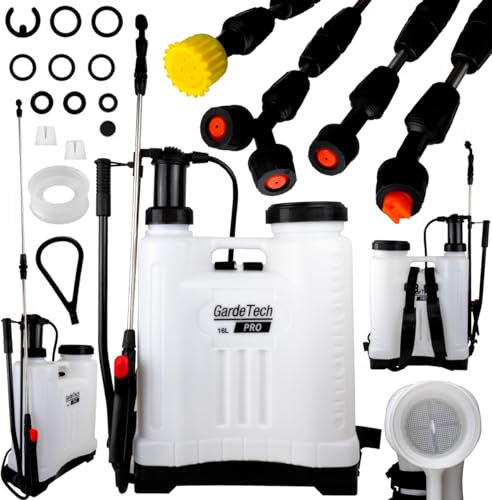 GardeTech PRO Drucksprüher 4 bar | 16l Kapazität | 4 Sprühdüsen | Rückenspritze 100 cm Teleskop-Spritzrohr | Schlauchlänge 145cm Gartenspritze