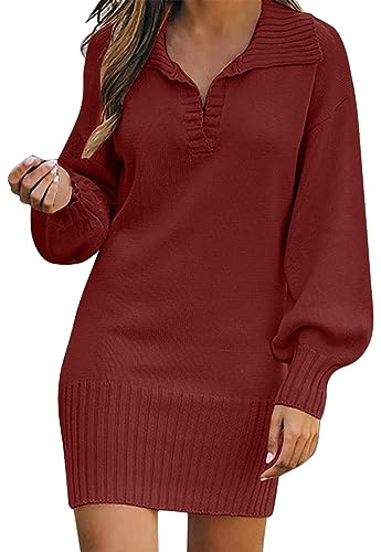 BOTCAM Robe en tricot pour femme - Col en V - Manches lanternes - Pull de loisirs - Robe d'hiver - Mini robe en tricot - Robe élégante et sexy - Vintage - Couleur unie