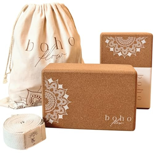 Boho Flow Yoga-Blöcke aus Kork, 2 Stück, 22,9 x 15,2 x 7,6 cm, FSC-zertifizierter, portugiesischer Kork, Yoga-Blöcke mit Yoga-Gurt und Tragetasche, rutschfest, umweltfreundlich und langlebig