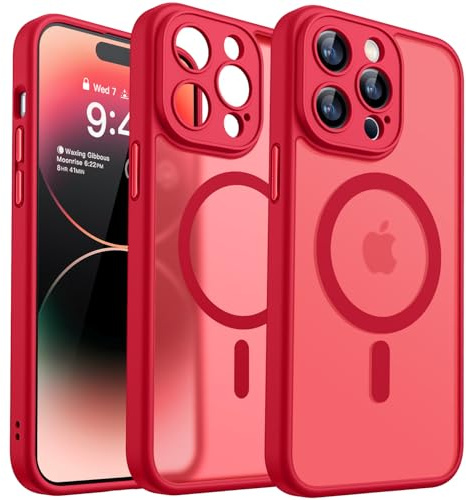CANSHN Cover Magnetica per iPhone 14 Pro(6,1 Pollici), Compatibile con MagSafe, [Protezione Completa Della Fotocamera], Custodia Traslucida Opaca Protettiva Sottile Antiurto,Rosso