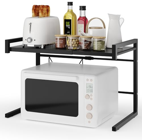 BTGGG Expandable Microwave Shelf Stand 2 Tier Metal Microwave Oven Rack Microwave Stand Baker's Rack Kitchen Counter Storage Organiser Space Saver Shelf with 4 Hooks, 44lbs/20kg Load Bearing