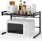 BTGGG Expandable Microwave Shelf Stand 2 Tier Metal Microwave Oven Rack Microwave Stand Baker's Rack Kitchen Counter Storage Organiser Space Saver Shelf with 4 Hooks, 44lbs/20kg Load Bearing