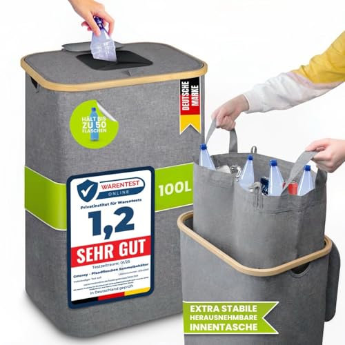Premium 110L Pfandflaschen Sammelbehälter mit Deckel & XXL Tragetasche – Pfandflaschen Behälter – Leergut Sammelbehälter – Pfandflaschen Aufbewahrung – für Küche & Abstellraum, Flaschensammler, Grau