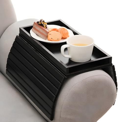 Granvoo Flexibles Sofatablett aus Bambus für Armlehne, Rutschfestes Couch Tablett, Faltbarer Sofa Armlehne Ablage für Fernbedienung Snacks Handy Getränke Tasse (Schwarz)