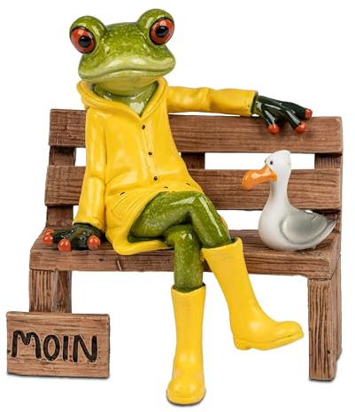 formano Frosch auf Bank mit Moin-Gruß und Möwe aus Kunststein, handbemalt, 13 cm, Norddeutscher Frosch mit gelben Gummistiefeln und Regenparker
