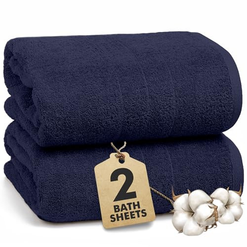Novo Home Bath Sheets - Extra Large Bathroom Sheet Set – 550 GSM Pack of 2 Jumbo Towels Navy Blue (90x180cm) – 100% Ring Spun Cotton Soft Quick Dry Large Bath Towels for Adults Hotel Spa Bathroom Use
