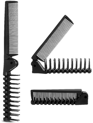 Folding Hair Brush & Comb – Portable Travel Brush Hair – Double-Headed Comb for Thick & Thin Hair – Compact Pocket-Sized Folding Hair Brush – Black