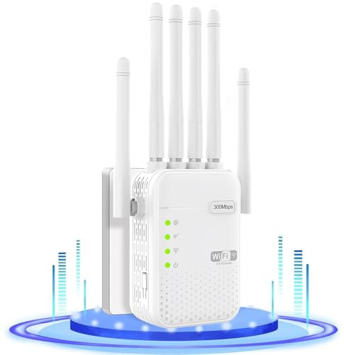 Ripetitore WiFi, potente amplificatore di segnale ripetitore wifi,amplificatore WiFi con 6 antenne, 2 porte LAN/modalità router/AP. Copertura fino a 1200 metri quadrati, adatto sia per la casa che