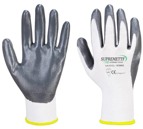 Supreme TTF PREMIUM NITRILE COATED Red Nylon Work Gloves Builders Gardening Grip (WHITE GREY, SMALL - 7)