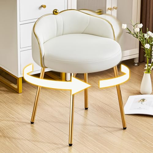 Hellove Cute Schminktisch Hocker, Armlos Drehbarer Schminktisch Stuhl mit Gold Metallbeinen, Sitzhocker, Drehhocker, Fußhocker, Makeup-Hocker, Leder Stool für Schlafzimmer, Wohnzimmer, Esszimmer, Weiß