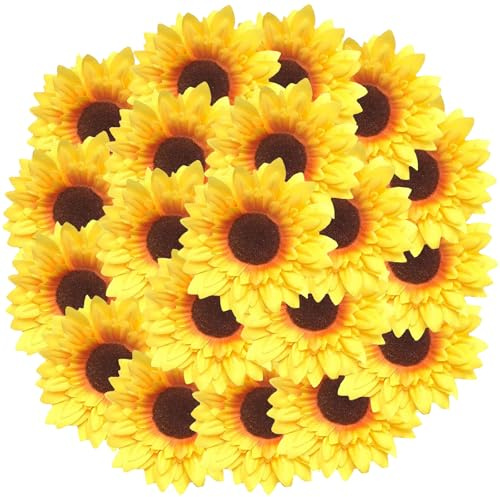 Noaxylic 20 Stücke Sonnenblumen Deko, Sonnenblumen Künstlich, Künstliche Sonnenblume Köpfe, 9,5 cm Sonnenblume Künstlich, für Tischdeko, Hochzeit Party, Wohnzimmer, Tischdeko Dekoration