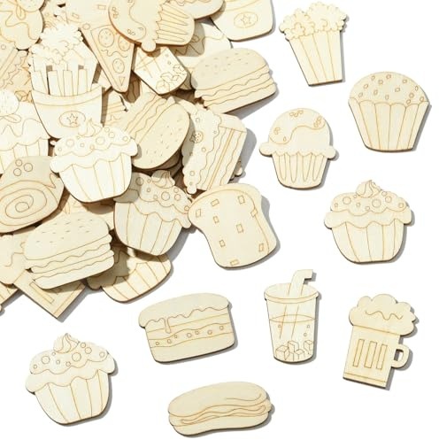 Stiesy 100 Pcs Desert Theme Unfinished Blank Wooden Slices Cupcake Hamburger Drinking Beer French Fries Popsicle Shapes Wood Cutouts for Painting Arts DIY Craft Home Decoration Supplies