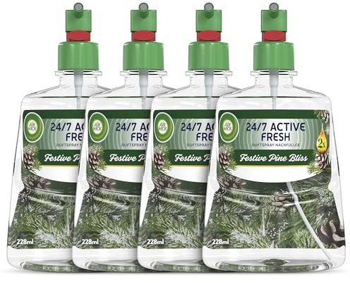 Air Wick Active Fresh – Aeorosolfreier, automatischer Lufterfrischer – Raumduft Festive Pine Bliss – 4 x 228 ml Nachfüller