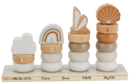 Mainely Jeu d’empilage en Bois Libellule Nougat Personnalisable – favorise motricité Fine & Coordination dès 18 Mois – personnalisé avec prénom et données de Naissance – Label Label