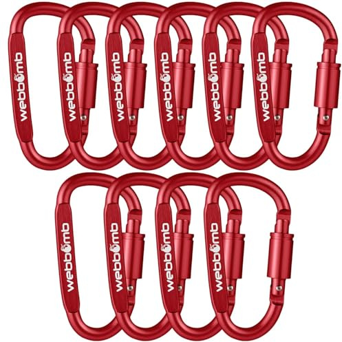 WEBBOMB 10 moschettoni colorati portachiavi carabiner hooks con chiusura a vite, portachiavi grande 8 cm, gancio per pompieri chiavi sport escursionismo (rosso)