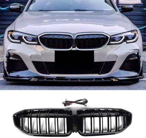 Glänzender schwarzer Doppel-Linien-Frontstoßstangen-Nierengrill für BMW 3er-Serie G20/G21 Pre-LCI 2019–2022, Front-Nierengrill-Abdeckung, Zierleisten-Set (mit LED-Licht)