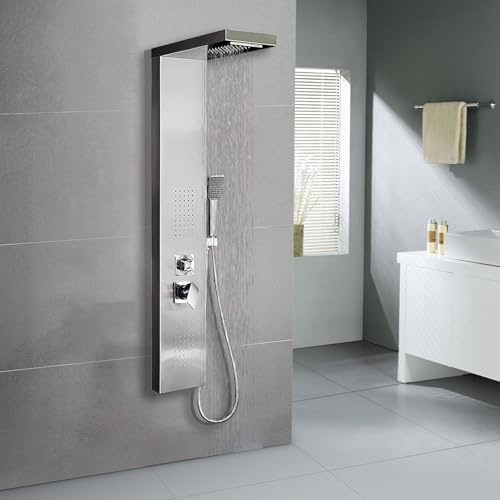 WXPGFEQ Pannello Doccia angolare in Acciaio Inox - Soffione Doccia a Pioggia e a Cascata a 4 funzioni, Set Completo di Accessori per Doccia per Installazione angolare